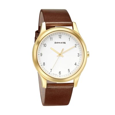 Sonata Quartz Analog White Dial Leather Strap Watch for Men-NR7135YL01