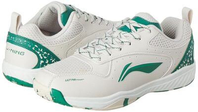 Li-Ning Ultra Power Non-Marking Badminton Shoe|Indoor Sports|Stability Heel, Prototypical Sole, Lightweight Shoe (White Sand/Pine Green,UK 4)