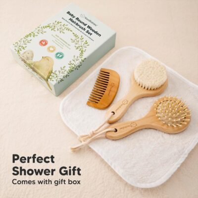 KeaBabies Baby Hair Brush&Comb Set For Newborn-Natural Wooden Hairbrush With Soft Goat Bristles For Cradle Cap-Perfect Scalp Grooming Product For Infant,Toddler,Kids-Baby Registry Gift(Round)