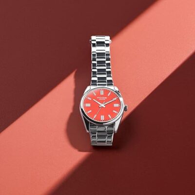 Sonata Poze Quartz Orange Dial Silver Metal Strap Analog Watch for Men-SP70033SM03W
