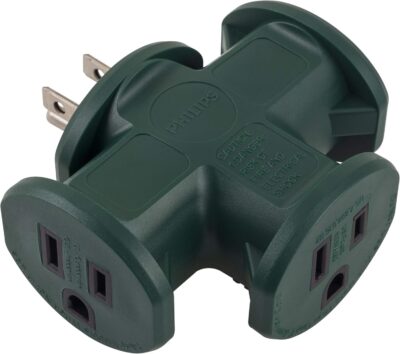PHILIPS Accessories 3 Outlet T-Shaped Extender, 3 Pin Grounding Power Extender, Heavy Duty, UL Listed, Green, SPS1630G/37, 1 Pack