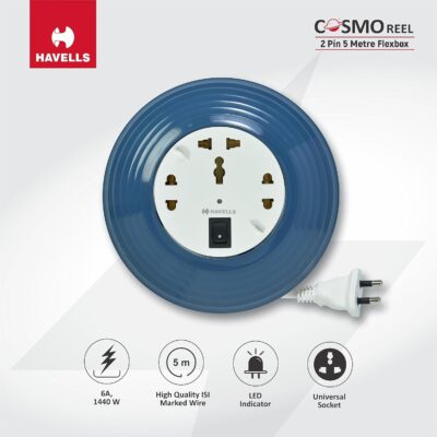 Havells Cosmo Reel 2 Pin 5 Mtr Flexbox, 1440 Watts, Blue, 240 Volts