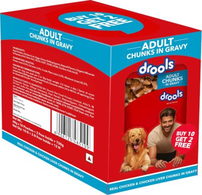Drools Adult Wet Dog Food, Real Chicken and Chicken Liver Chunks in Gravy,10 Pouches + 2 Pouches Free (12 x 60g)