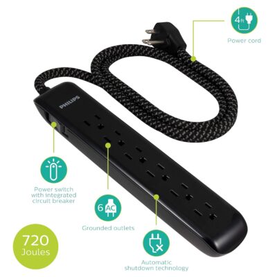 Philips SPC3064BD/37 6-Outlet Power Strip, Designer Braided Power Cord, Flat Plug Extension Cord, Perfect for Office or Home Decor, 720 Joules, ETL Listed, Black, SPC3064BD/37