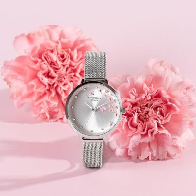 Sonata Poze Analog Quartz Silver + Pink Flower Dial Watch for Women