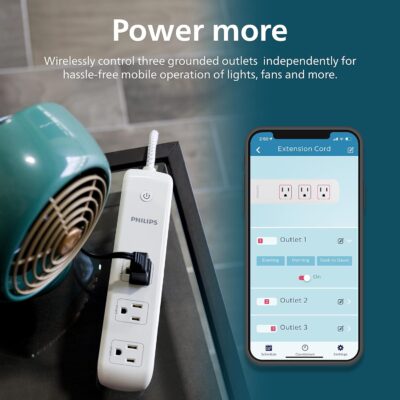 Philips 3 Outlet Wi-Fi Extension Cord, 4 Foot Braided Cord, Individual Control, Compatible with Alexa, Google Home, Bluetooth Setup, No Hub Required, ETL Listed, White, SPC9034WB/37