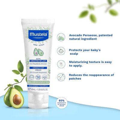 Mustela Baby Cradle Cap Cream 40ml - Newborn Safe - with Natural Avocado - Paraben Free & Fragrance Free