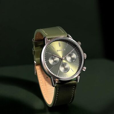 Sonata Quartz Multifunction Green Dial Green Leather Strap Watch for Men