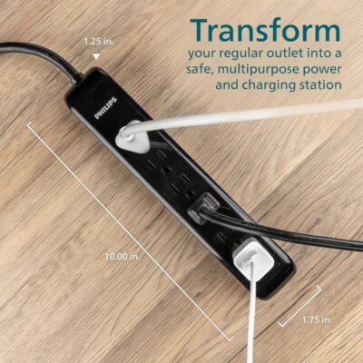 Philips 6 Outlet Surge Protector, 10 ft Extension Cord, Strip 1080 Joules, Flat Plug, Wall Mounted, Perfect for Office or Home, ETL List, Black, SPP6110BC/37