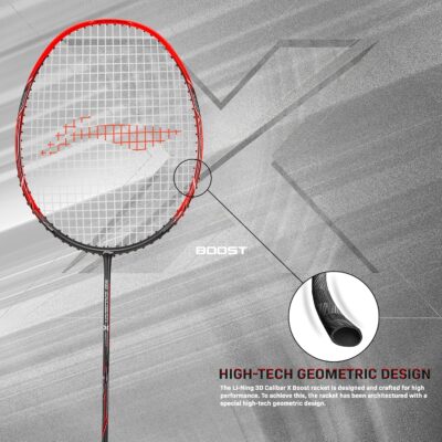 Li-Ning 3D Calibar X Boost Carbon Graphite Strung Badminton Racquets, 83 Grams, 30 Lbs String Tension and Free Full cover(Dark Grey/Red)