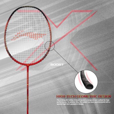 Li-Ning 3D Calibar X Boost Carbon Graphite Strung Badminton Racquet, 83 Grams, 30 Lbs String Tension and Free Full cover(Red/Black)