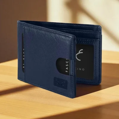 Al Fascino Blue Genuine Leather Rfid Blocking Bi-fold 6 compartment & Coin Pocket Wallet for Men