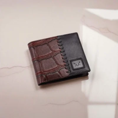 Al Fascino Dual-Tone Brown & Black Leather Wallet for Men – Croc-Textured Elegance with RFID Protection