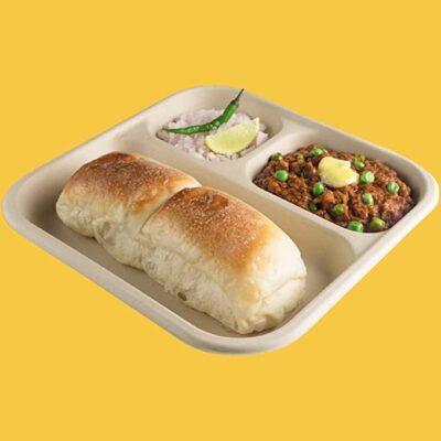 3-Compartment, 25 Count, Beige Disposable Bagasse Plates | Eco-Friendly Sugarcane Meal Tray for Wedding, Party, Picnic, Event | Mess-Free Sections