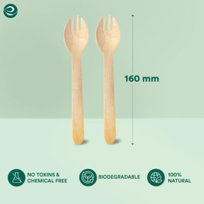 160mm, 50 Pack Disposable Sporks | Wooden Dining Flatware | Ideal for Kids Birthday, Wedding & Party