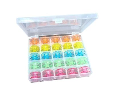 Gemsy Sewing Machine Bobbins Pack of 25 with Storage Box | Transparent & Colour Bobbins
