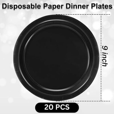 Black Paper Plates, 9inch Biodegradable Round Party Plates, Disposable Paper Plates for Cakes, Dessert, Snack, Fruits, 9 inch - Pack of 20 pcs