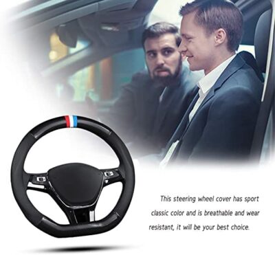 Premium Leather & Carbon Fiber D-Shape Steering Wheel Cover Non-Slip Breathable Durable Universal Fit 15 Inch Steering Wheels Flat Bottom for Car Auto/SUV (Matte Black)