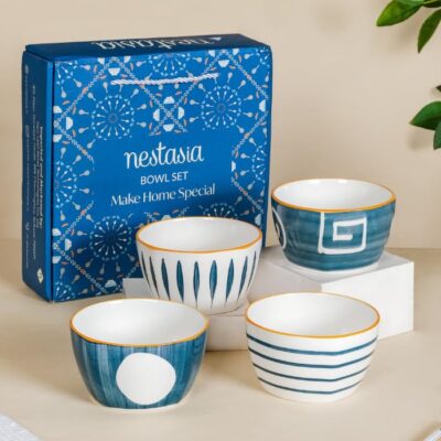 Nestasia 350ml Ceramic Bowl Set of 4 – White & Blue Snack, Rice, Salad & Serving Bowls | Microwave, Oven & Dishwasher Safe | BPA & Lead-Free Premium Dinner Bowls (Gift Pack)