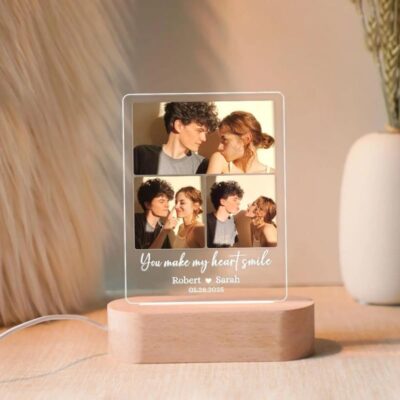 Glossy Gift LED Photo Frame – Personalized Acrylic Photo Frame with Wooden Base & Warm Light | Customised Gift for Couples, Anniversaries, Weddings, Birthdays & Valentine’s Day