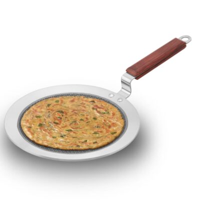 Triply stainless steel dosa tawa with nonstick honeycomb surface and rosewood handle, perfect for gas and induction cooking.