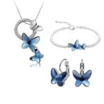 Italian Designer Platinum Plated Crystal Butterfly Earrings Chain Pendant Necklace Combo Jewellery Set for Women and Girls (Blue)