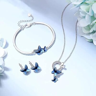 Italian Designer Platinum Plated Crystal Butterfly Earrings Chain Pendant Necklace Combo Jewellery Set for Women and Girls (Blue)