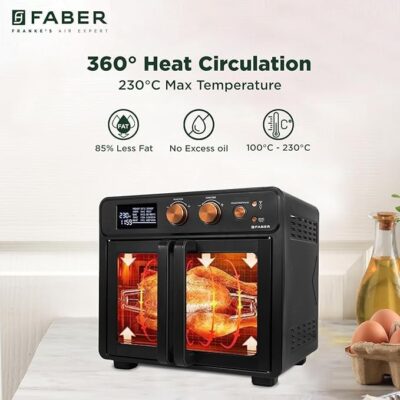 Faber Air Fryer Oven 25L, Digital Control, Bake Tray, SS Wire Tray & Basket, Crumb Tray, Rotisserie Kit | 15 Preset Auto Program | Bake,Roast,Fry,Toast,Defrost | Convection Function | FAO 25L 15F BK