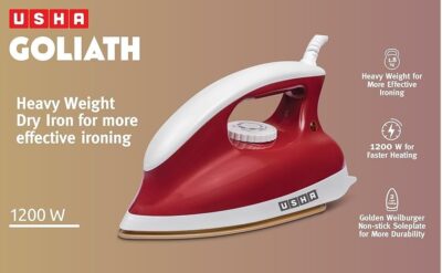 USHA Goliath 1200Watt Dry Iron with 1.8m Long Swivel Cord | Double Coat Golden Non Stick Soleplate for Longer Durability | 360° Swivel Cord | 2 Years Warranty | (Maroon), 1200 watts, Plastic