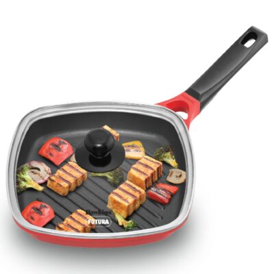 Hawkins 26 cm Grill Pan With Glass Lid - Non-Stick Die Cast, Square for Gas Stove, Ceramic Coated, Roast Pan, Red (IGP26G)