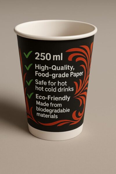 Paper Cups/Glass |Designer Tea Coffee | Juice Cups – 250ml (100 - Count), Biodegradable Black Paper Cups with red Swirl Print, Ideal for Any hot/Cold, Multi-Purpose Use