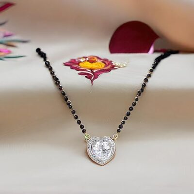 Fashion Jewelry Mangalsutra Necklace for Women: Gold & Rhodium Plated Shining White Crystals Adorned Heart Pendant Black Beads Mangalsutra Necklace for Women-OSAKMS014-2TNWE NK