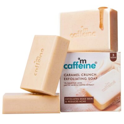 mCaffeine Exfoliating Tan Removal Soap - 1% Salicylic Acid & Lactic Acid - Pack of 3x100g | Coffee & Exfoliating Particles - Soft, Glowing Skin | Sweet Caramel Perfumed Bar | Bath Soap for Women, Men