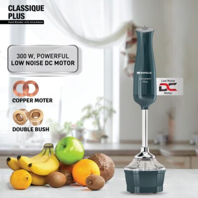 Havells Classique Plus Hand Blender | 300W Powerful Motor | Includes Chopper Attachment | One -push Operation | ABS Body | 2 Year Warranty (Cyan)
