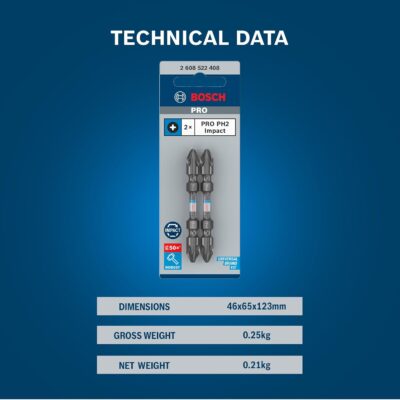 Bosch Professional Impact Screwdriver Bits, Type PH2-PH2 | Double-Ended Screwdriver Bits | Heat-treated S2M Steel | 65mm Length | Magnetic Tip | Heat-Treated for Durability | 2 Pcs Pack