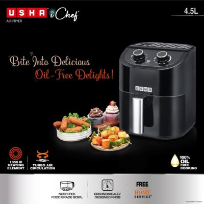 USHA Ichef Air Fryer 4.5L, 10 In 1 Functions: Air Frying, Baking, Roasting, Grilling, Thawing, Slow, Toasting And Air Drying |Turbo Air Circulation|Oil Free Cooking (Black), 1350 Watts
