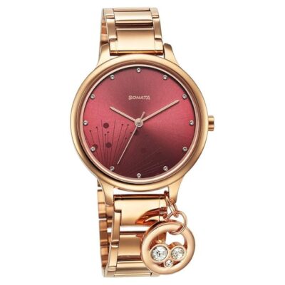 Sonata Blush Quartz Analog Maroon dial Stainless Steel Strap Watch for Women-87050WM07