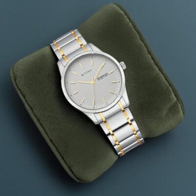 Titan Lagan Quartz Analog with Day and Date White Dial Two Toned Silver and Gold Metal Strap Watch for Men - NT1775BM02