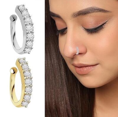 FASHIONS Clip on Nosepin Without Piercing Pressing Type Nose rings Stud for Women - Combo 2pcs Gold & Silver