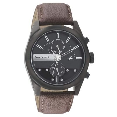 Fastrack All Nighters Quartz Multifunction Black Dial Brown Leather Strap Watch for Guys - NT3165NL01