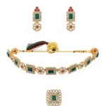 Green & Pink Stones Ethnic Collar Bone Necklace Earring & Ring Set For Women