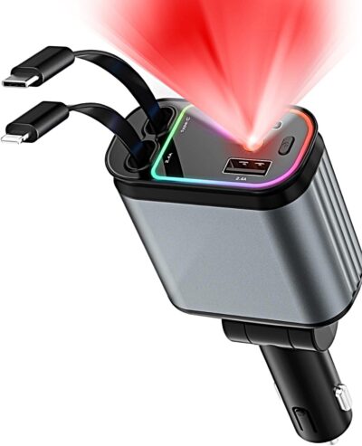 Retractable Car Charger With Starlight Projection On Car Roof | Car Accessories Super Fast Car Charger 4 In 1 | Compatible With iPhone And Android | Retractable Cables 32 Inches, Black