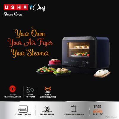 Usha iChef Steam Oven | Air Fryer | Steamer | 39 Pre-set Menus | 11 in-1 Functions | 3 Level cooking | Turbo Air Circulation | 1000 W Heating element and 800 W 3D Steam & 18L (Blue)