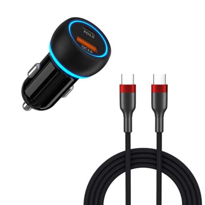 Dual Port Turbo Car Charger (Qualcomm Certified) with Glow Ring + Type C to C Fast Charging Braided Cable with PD 3.0 & QC 3.0 – High-Speed Dual USB-C Car Charger for Android & iOS Devices