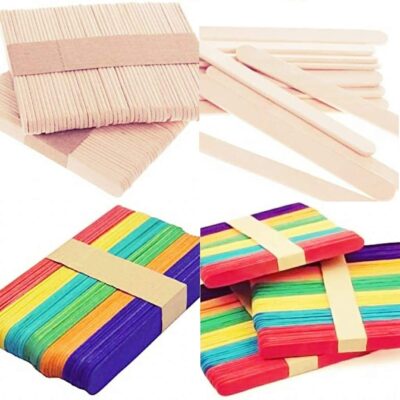 200 Sticks(100 Colored and 100 Plain) Sticks Natural Wooden ice Cream Sticks for School Projects