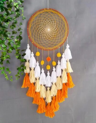 M/S Rakhi Handicraft 8-Inch Handmade Tassel Dream Catcher Wall Decoration – 35.5cm x 71cm (14" x 28") – Orange & White