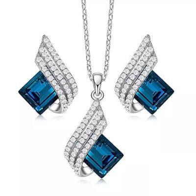Angel Wings Platinum Plated Crystal Pendant Necklace Jewellery Set Gifts for Women and Girls (Blue) (14622s) Valentine Gift for Girlfriend