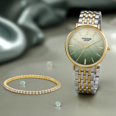 Sonata Poze Quartz Green MOP Dial Gold+Steel Metal Strap Analog Watch for Women-SP80077BM02WF