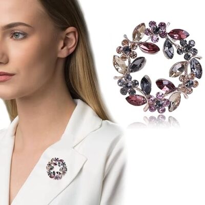 Flower Brooch Pin for Women Girls Alloy Rhinestone Wreath Saree Brooch for Dress, Blazer, Shawl, Gown - Elegant Wedding Bridal Ladies Jewelry Gift