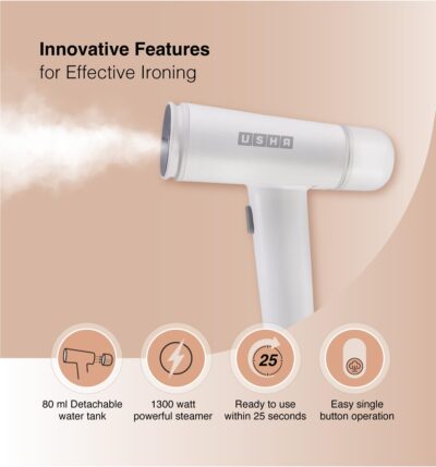 Usha Techne Direct 500, 1300Watt Garment Steamer for Powerful Vertical Steaming | Powerful Steam Output Upto 20gm/min | 80ml Water Tank Capacity | Light Weight & Portable | 2 Years Warranty | (White)
